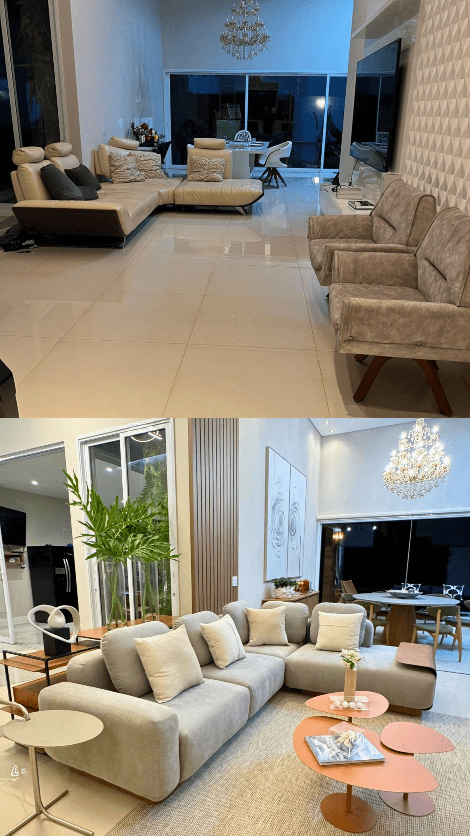 Transformação de sala de estar com sofá de canto e lustre de cristal.