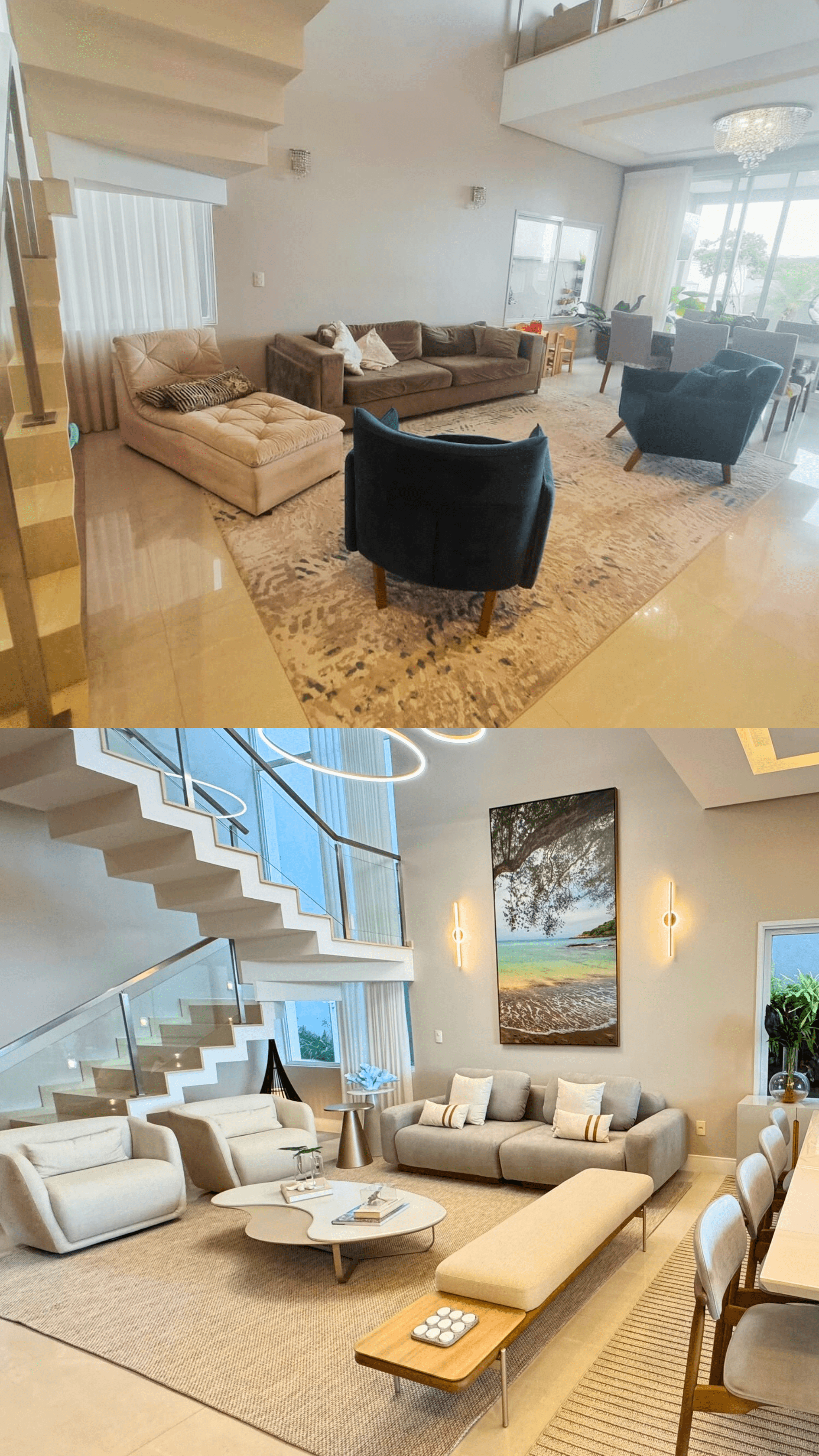 Transformação de sala de estar com escada e iluminação moderna.
