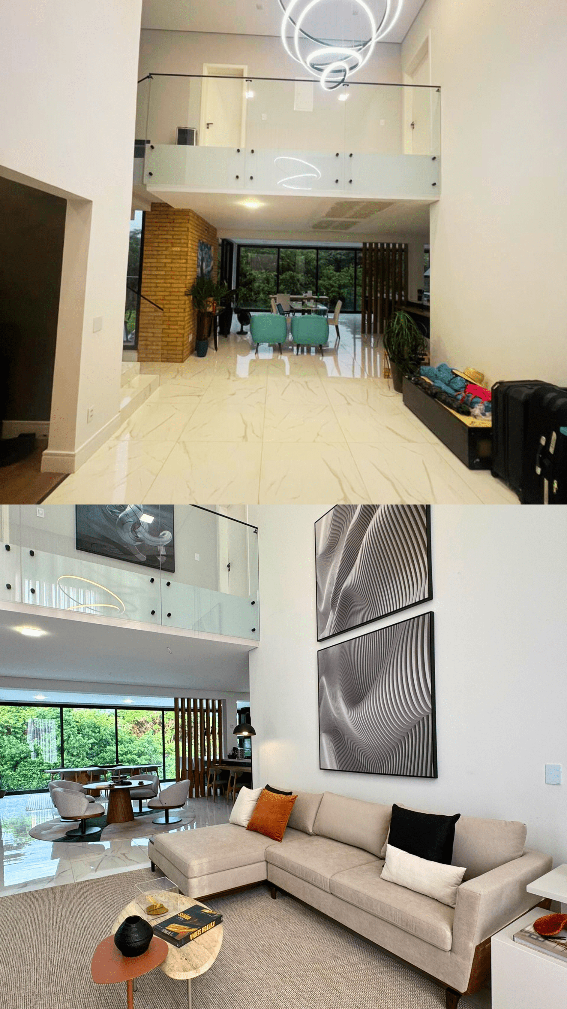 Transformação de sala de estar de pé direito duplo com arte abstrata.