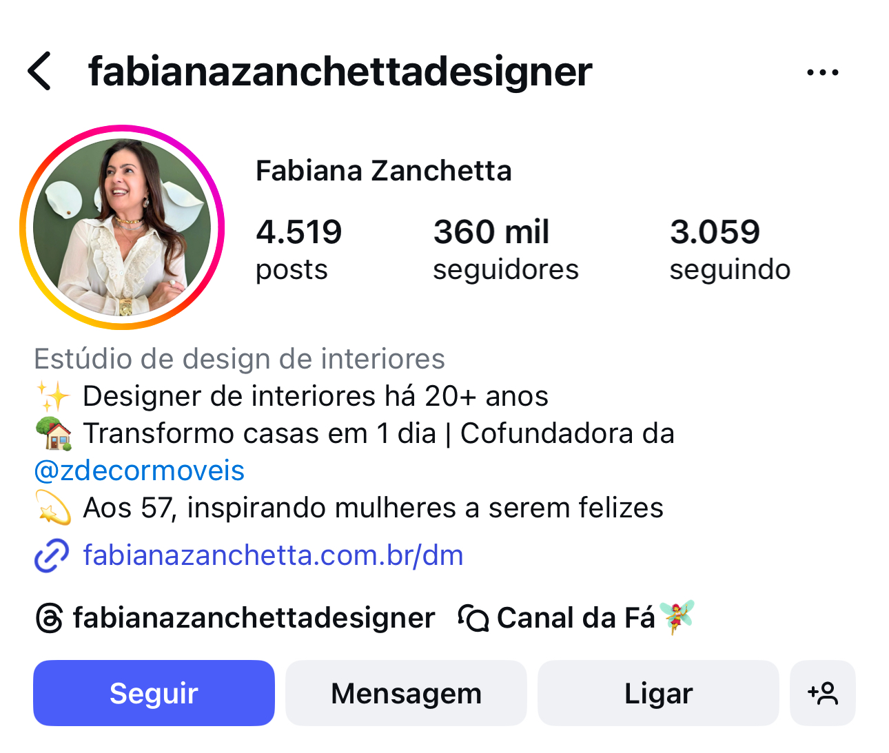 Screenshot do perfil do Instagram da Fabiana Zanchetta