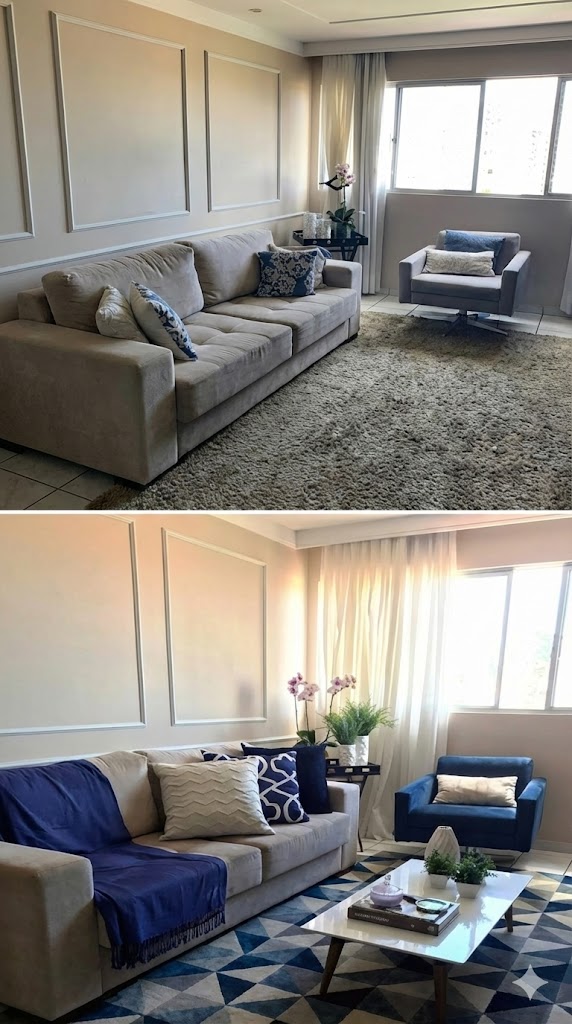 Transformação de sala de estar com sofá cinza e detalhes em azul.
